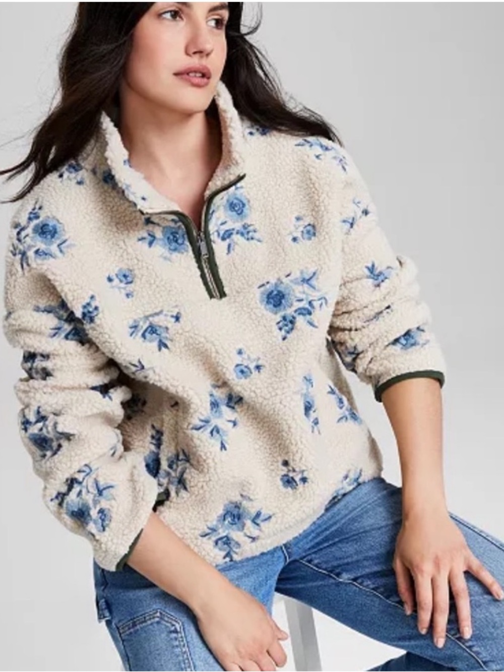 RD STYLE Cream Sherpa Pullover with Blue Floral Print